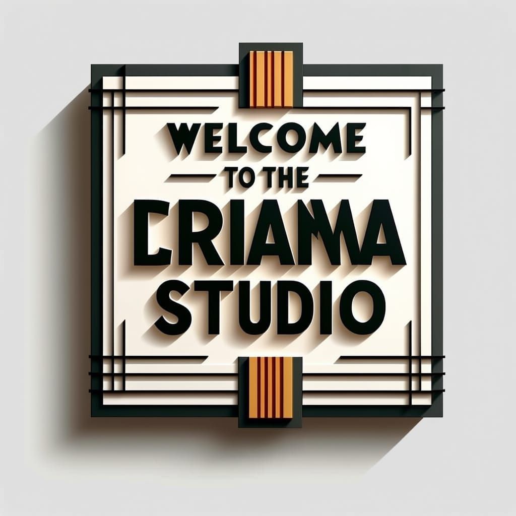 a sign saying "welcome to the Drama Studio" in a bauhaus, theatrical style suitable for above door usage