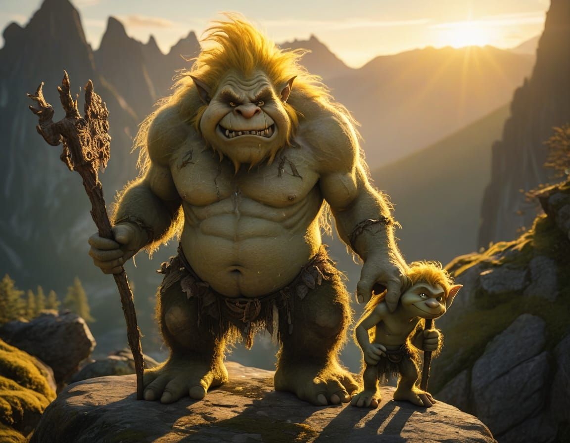 Mountain Troll and Child at Sunset