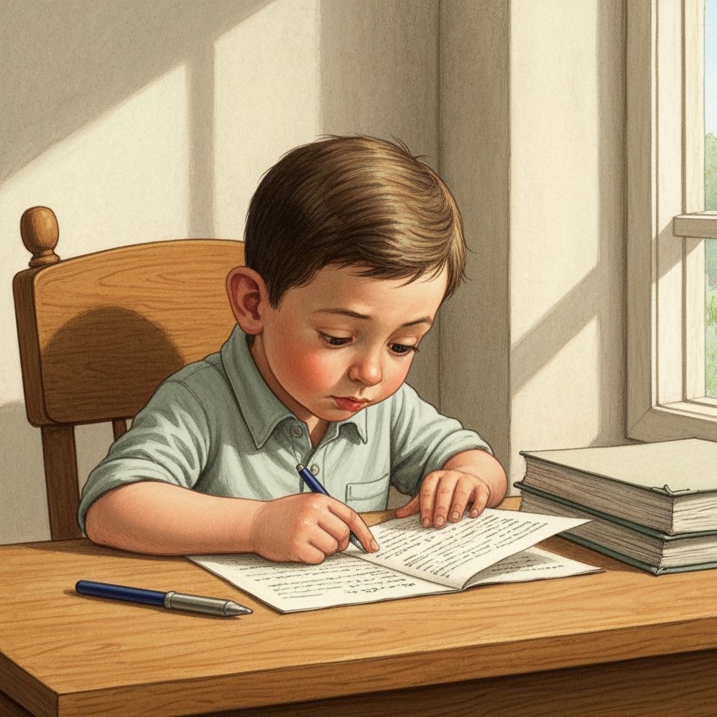 Young Benjamin Netanyahu Studying Documents in Storybook Sty...