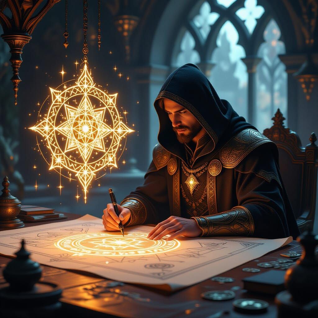 Spell architect drawing glowing runes on a floating blueprint, arcane geometry, ancient magical symbols, golden light, elegant mystical work...