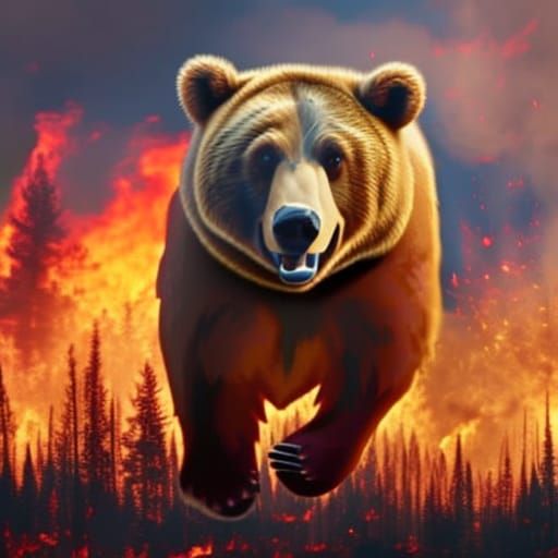 Angry bear leaving a burning forest. Fla m es, smoke, 8k, photo ...