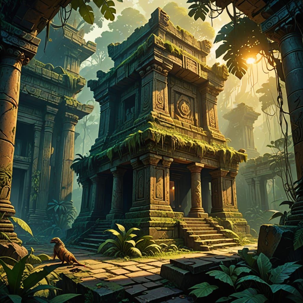 Fantasy Raptor Unveils Ancient Temple Treasure in ... - AI Art