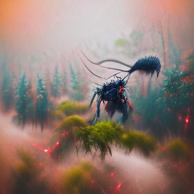 Thousand legged monster insect crawling through a foggy fore...