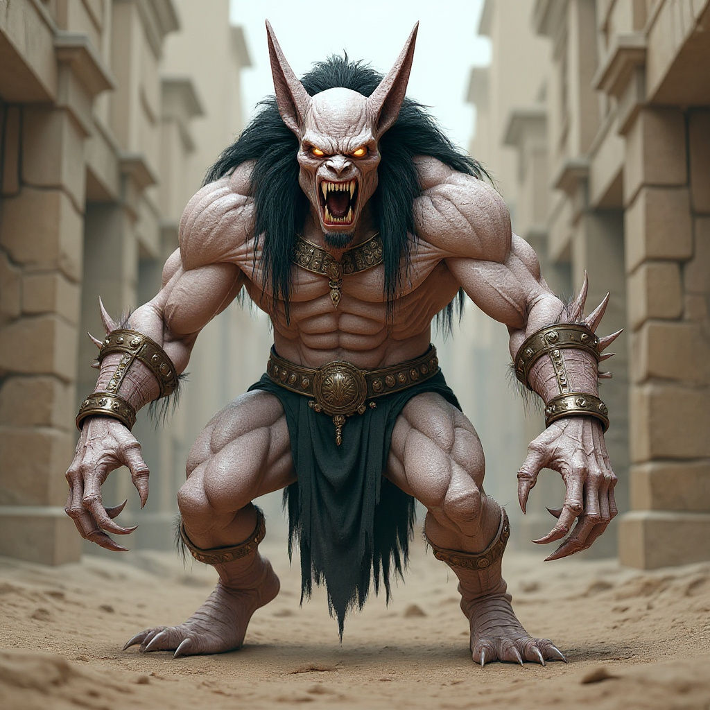 Alien Claws razor sharp, tall bipedal hairy body, Anubis head with sharp teeth and drool coming out of his mouth. Make him vicious. Make him...