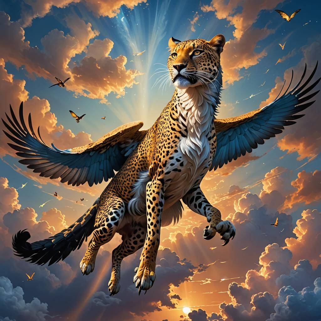 Hybrid Leopard Stork Soaring in Sapphire Skies