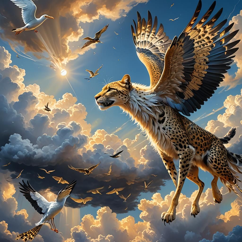 Hybrid Cat-Dog Soaring in Firefly Sky