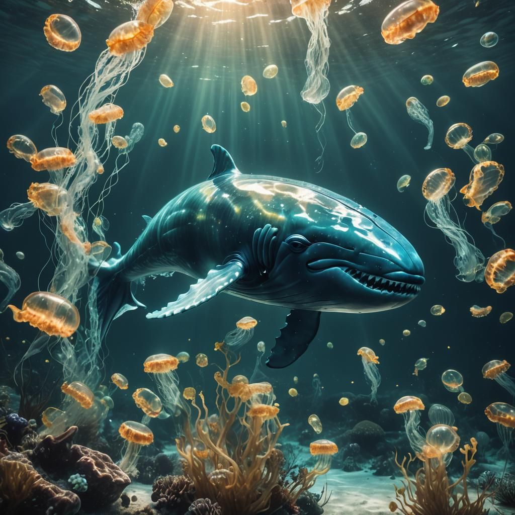 Underwater view of a huge fantastical glowing transparent gl...