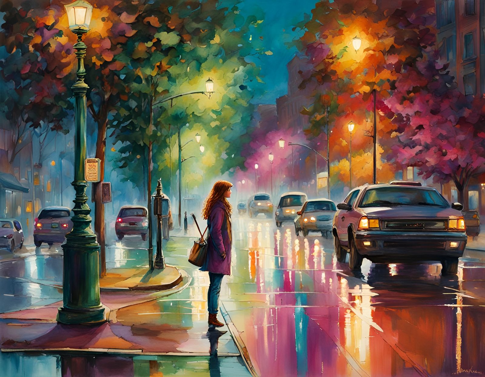 Waiting for the crosswalk light to change, woman standing on corner facing  at the crosswalk light across ...  by @JACK ANDREASEN