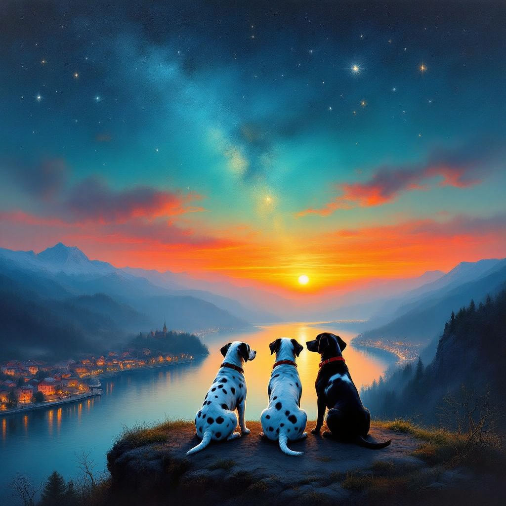 Dalmatians stargazing sitting on a cliff