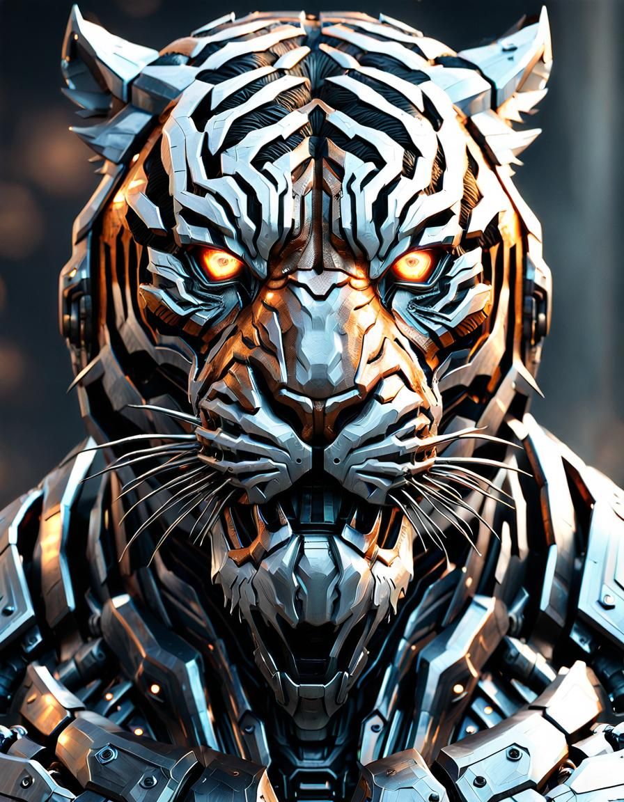 Monster man, beautiful face and eyes, tiger skin, tiger massive muscle ...