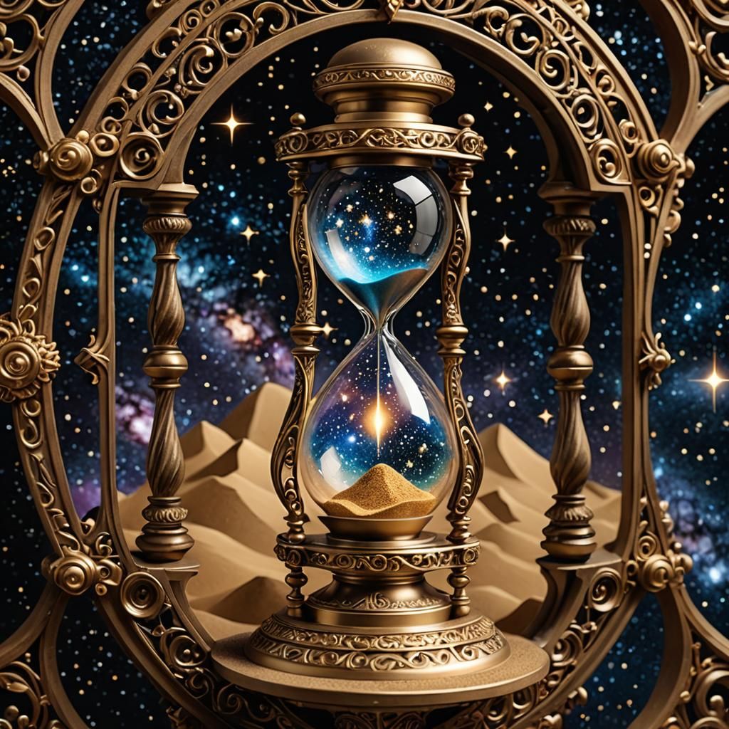 A galaxy of stars contained within a highly detailed ornate filigree Hourglass, sand timer, nebular, ...  by @cyntillera
