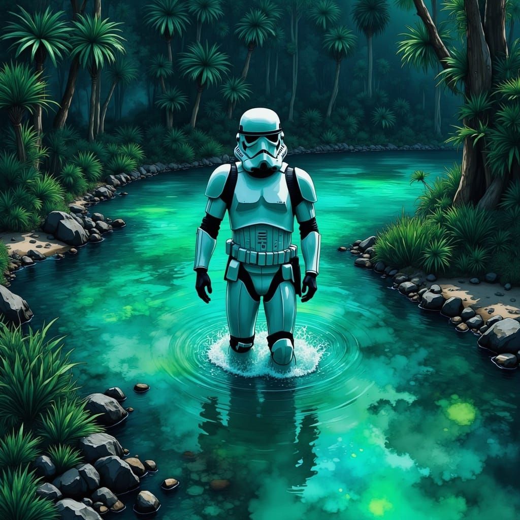 A stormtrooper wading through a bioluminescent pond in the jungle <lora:GuacaMOle Flux:1.0>
