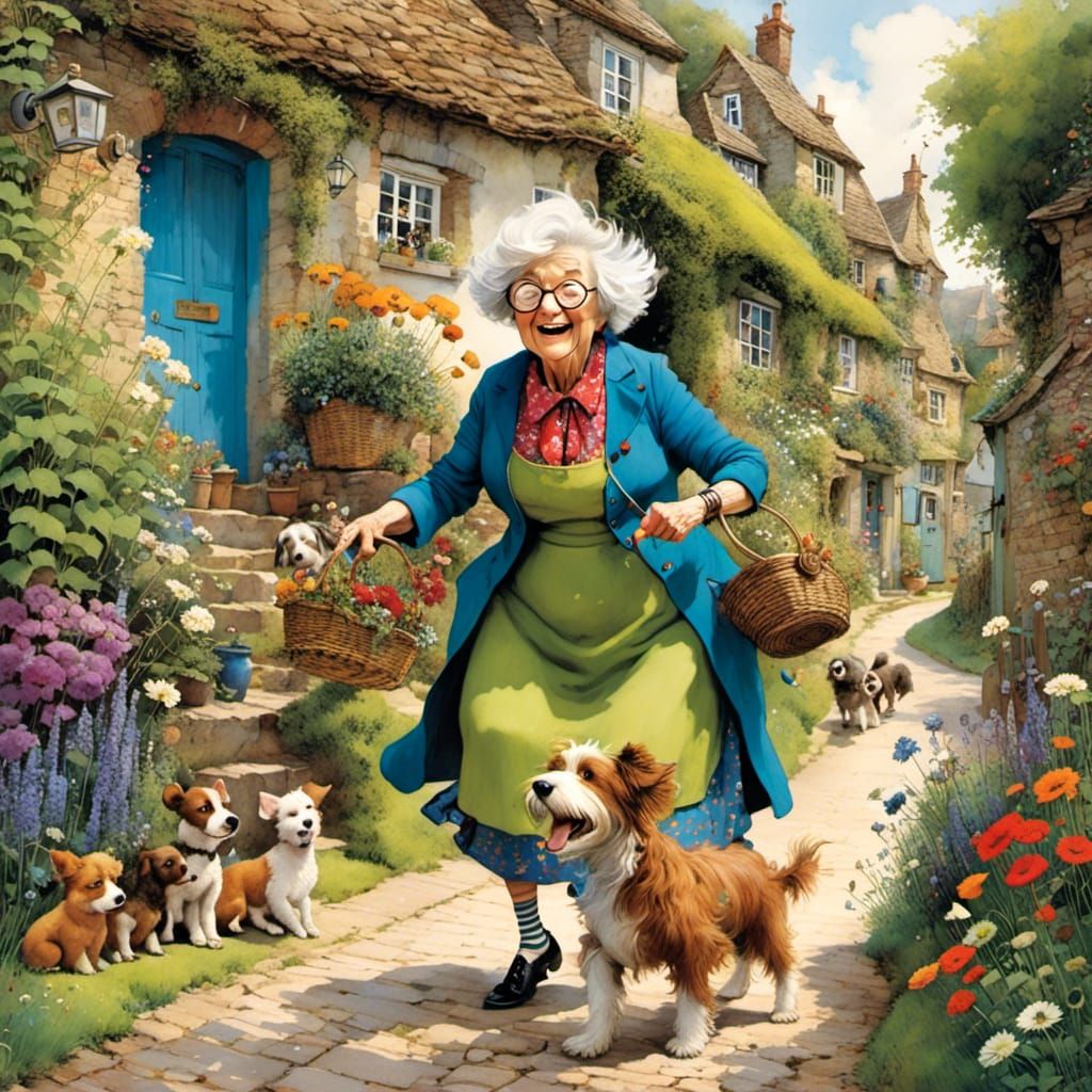  <lora:Eccentric_1:1.0>the eccentric grandma went dancing down the lane with her shaggy puppy