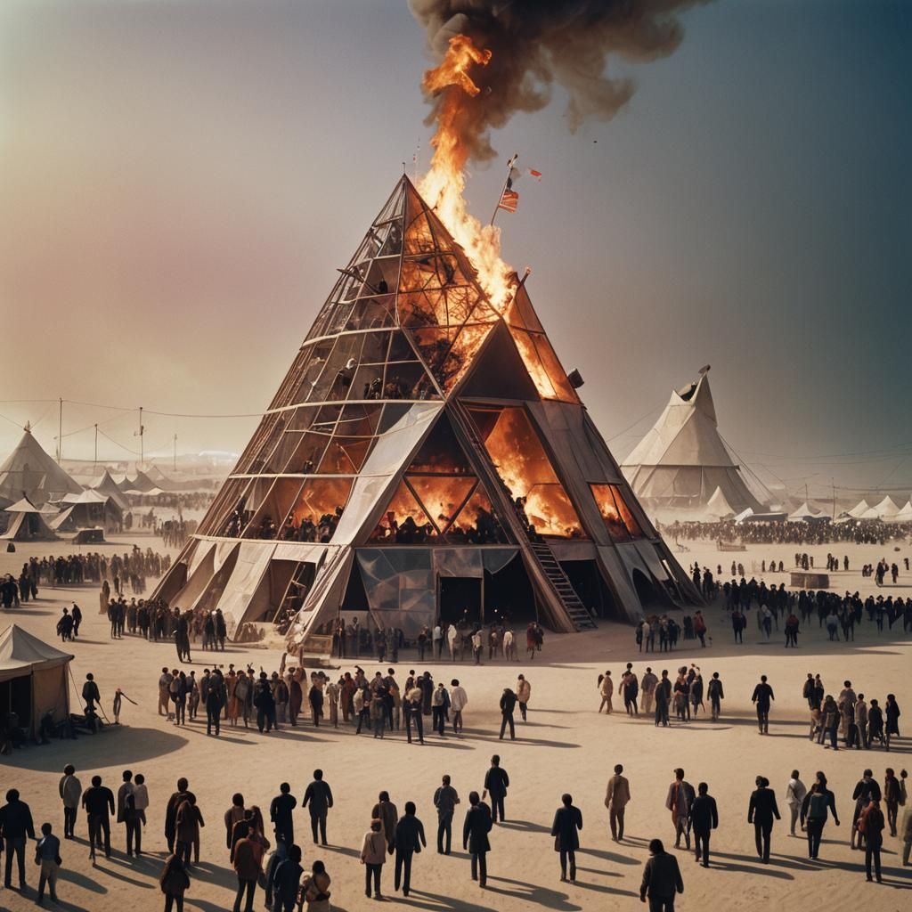 A realistic painting of Pink Floyd's burning man