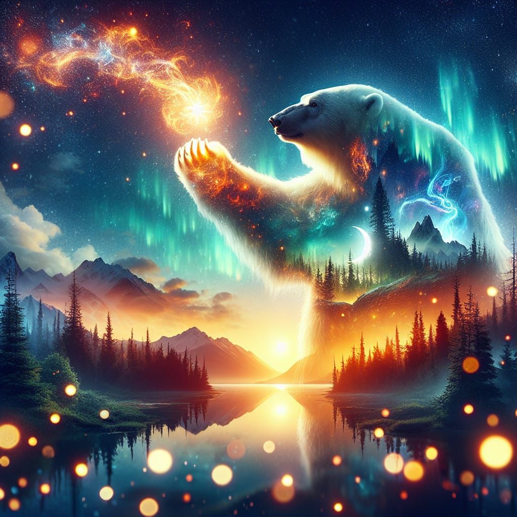 a highly detailed double exposure of a patronus spell polar bear, the polar bear  is glowing. inside the polar bear you see a colorful sunse...