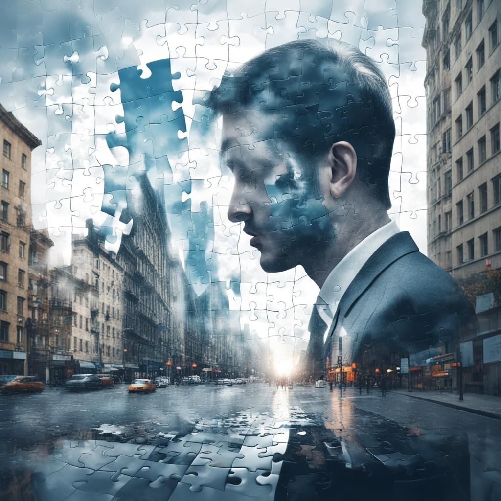 Double exposure. Puzzle Background cityscape + The man leave...