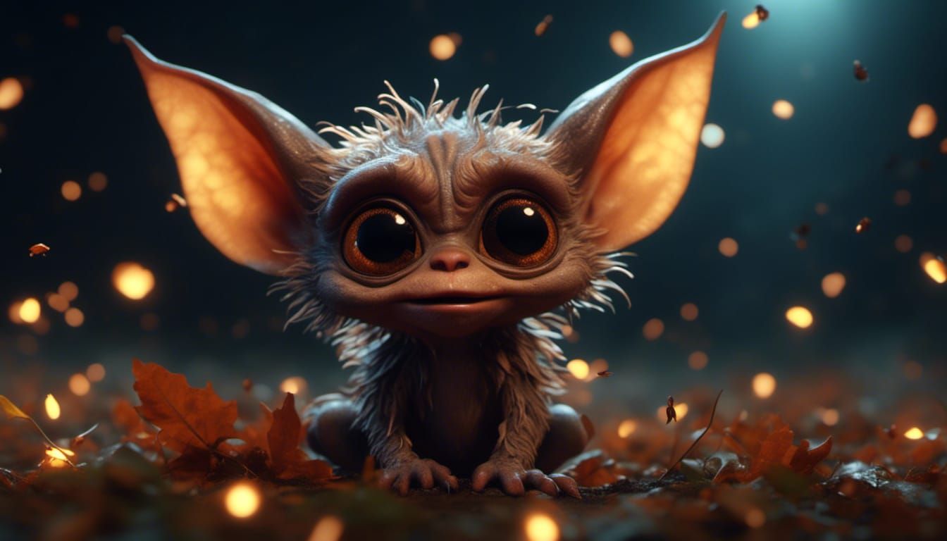 an adorably cute Gremlin sitting on the ground  by @Rmercier60 