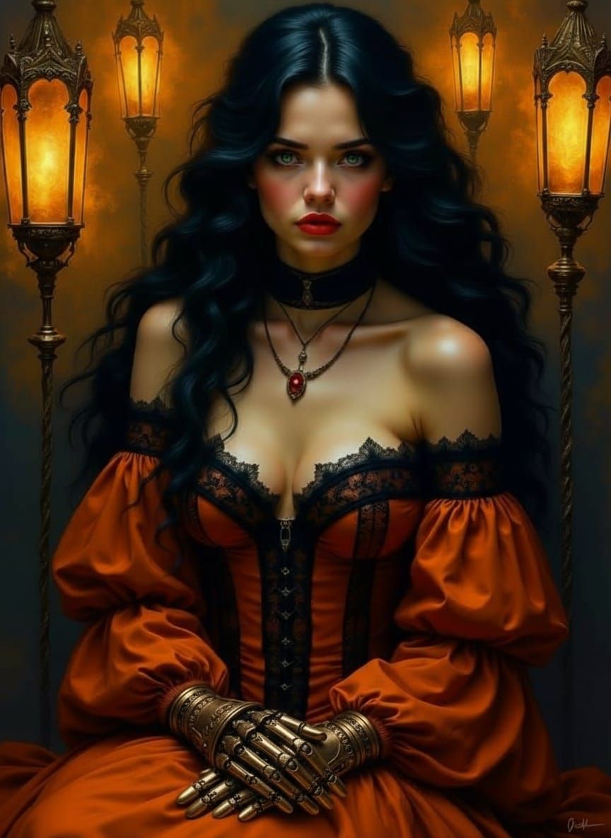 <lora:Women of Twilight:0.5>A mysterious dark-haired woman with flowing black curls sits surrounded by ornate golden lanterns casting a fier...