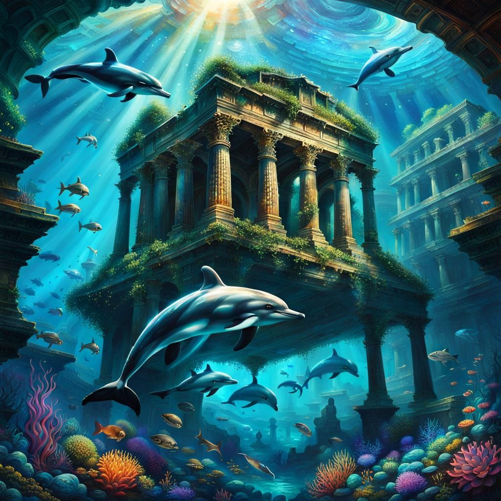 dolphins swimming hrough ancient underwater ruins  by @Koenraad