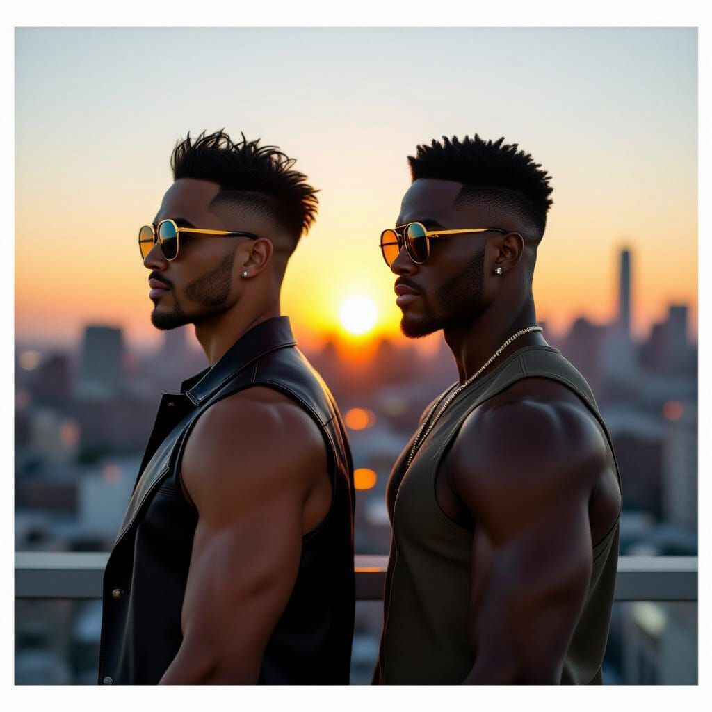 Hyperrealistic photography. Two handsome men, one of mixed ethnicity and one of African descent, stand back to back, their muscular builds a...