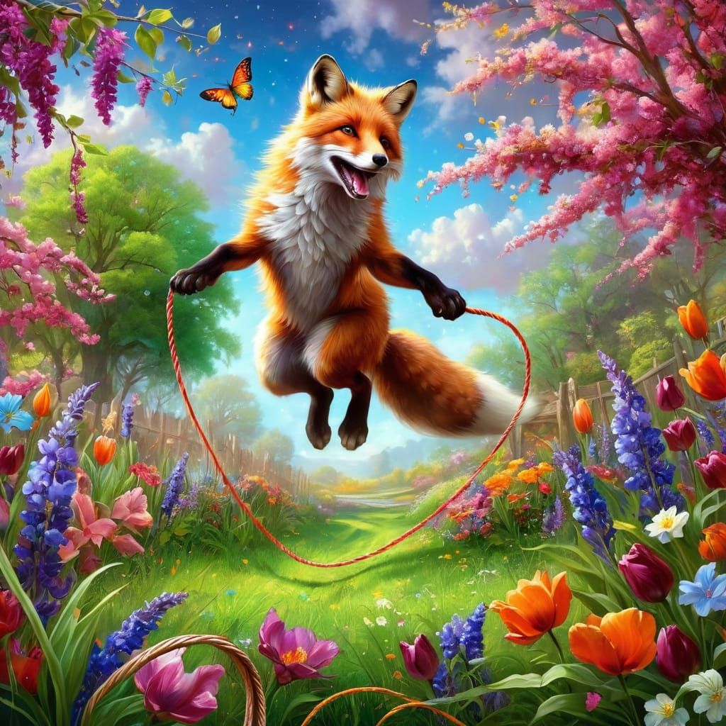 A fox is playing jump-rope