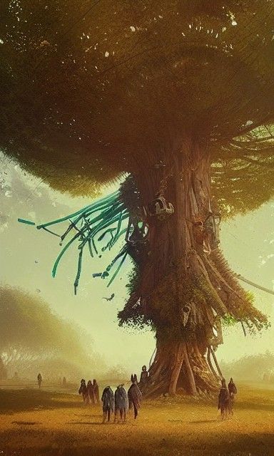 giant tree full of small huts with people on brancheson a gr...