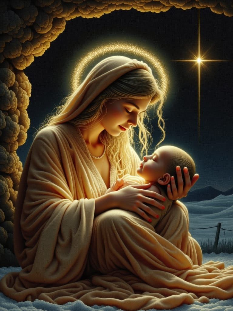 <lora:dot pointalism:1.0> Christmas retro postcard. High in the night sky a bright star, a beautiful baby sleeps in swaddling clothes in the...