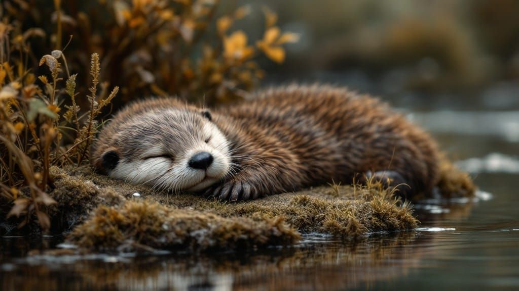 Sleeping otter in the brush next to a pond  by @Mann McManahan