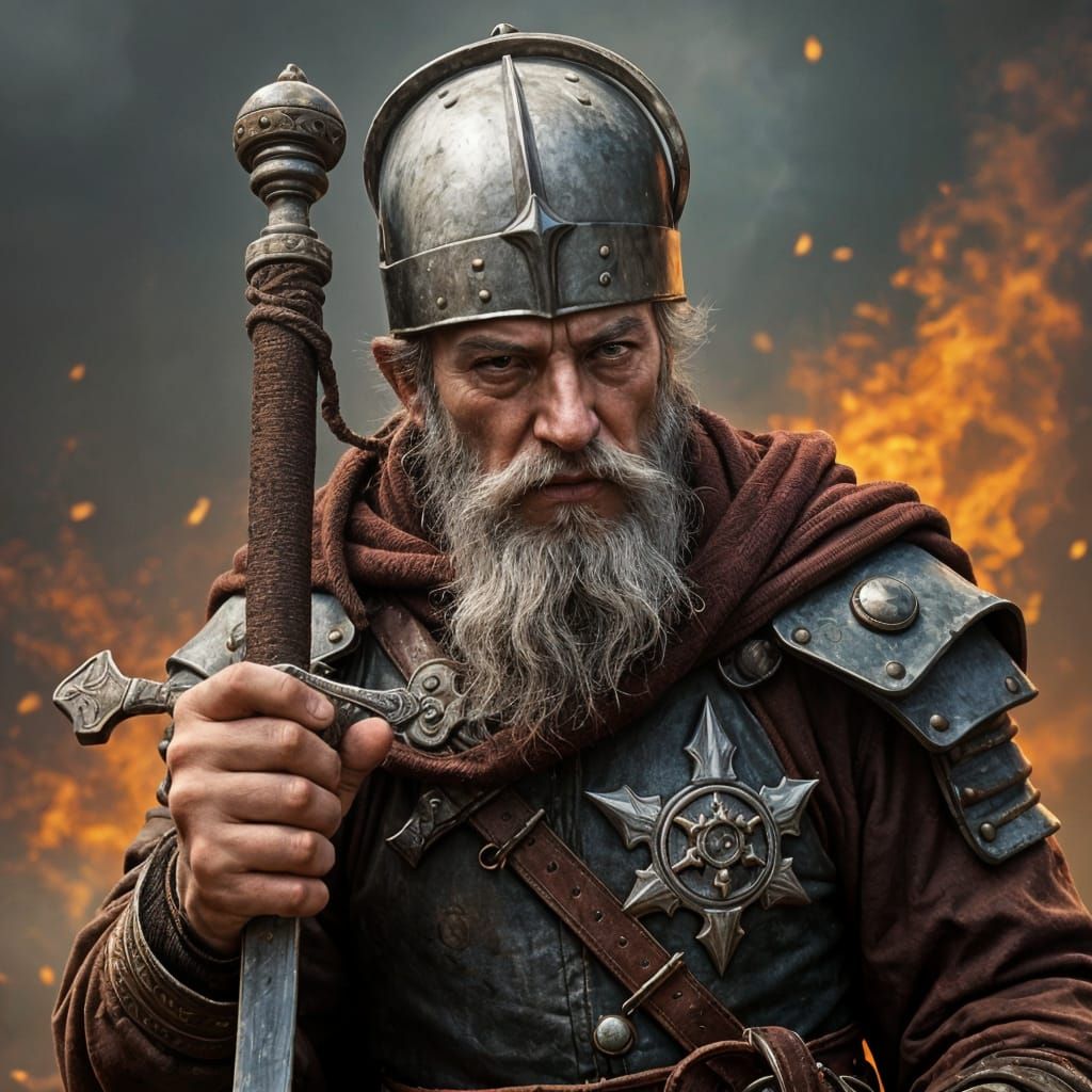 an old man stands with ancient broken and rusty Spanish armor holding a bent sword. upside down on his head rests a shaving bason. he can ba...