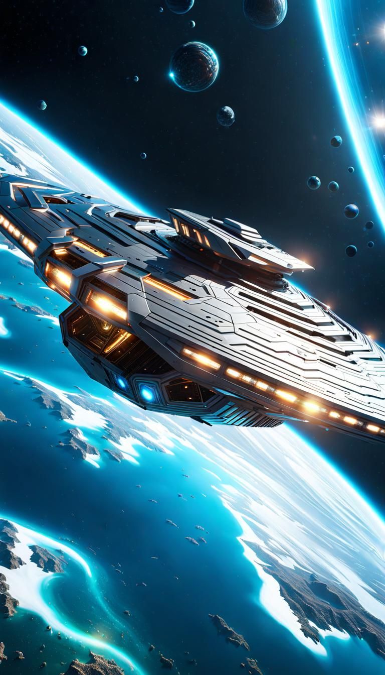 massive shiny, futuristic spaceship in orbit over a planet g...