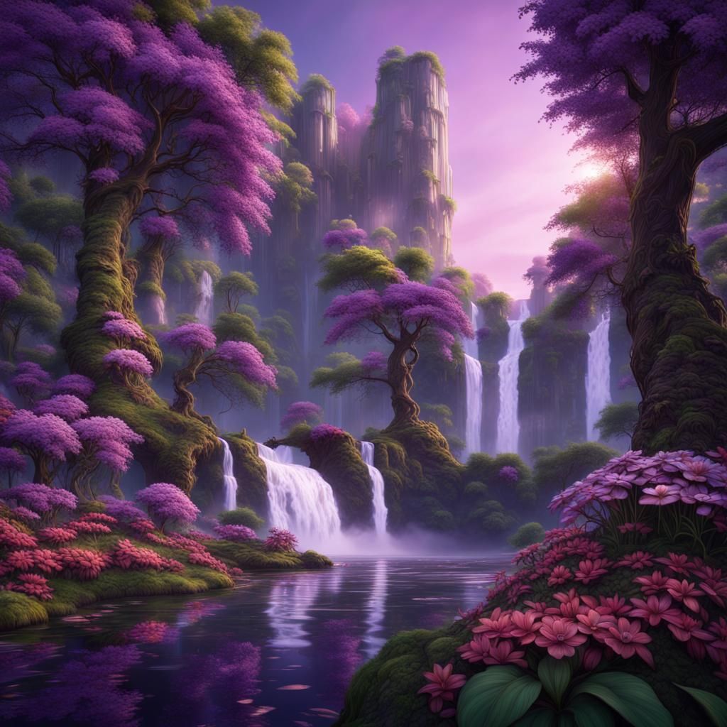 Landscape with waterfalls in a flowery forest with purple sky - AI ...