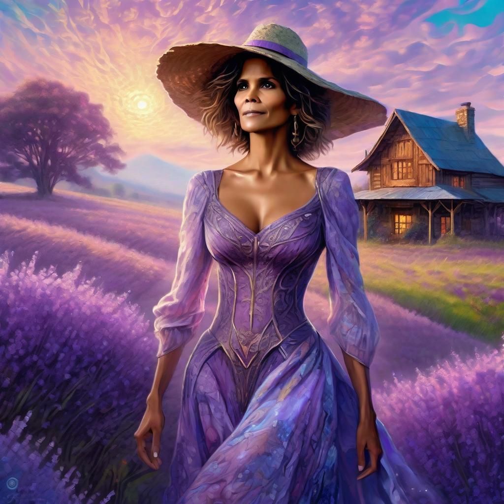 Halle Berry in a lilac printed sensual dress, Strawhat, Lave...