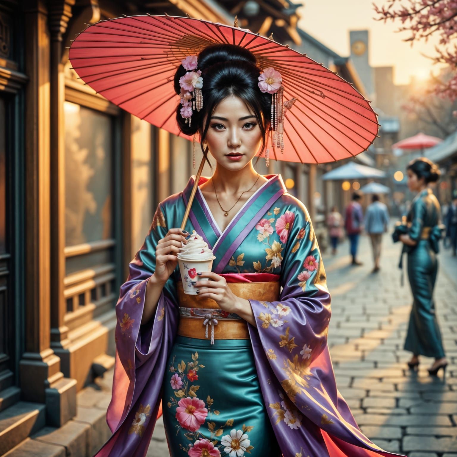 Geisha in Ornate Kimono with Cherry Shaved Ice