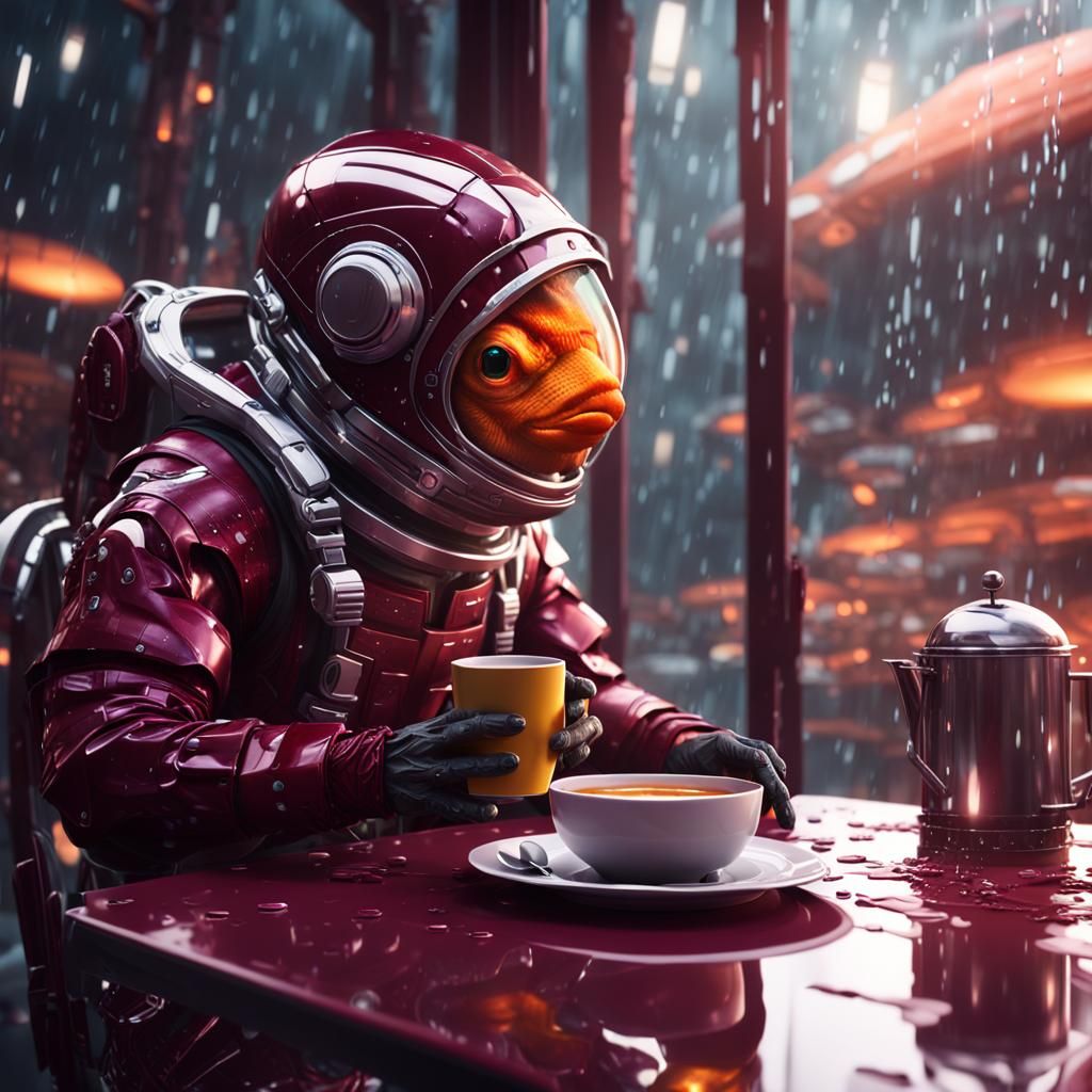 A goldfish-humanoid in a burgundy and chrome spacesuit sitti...