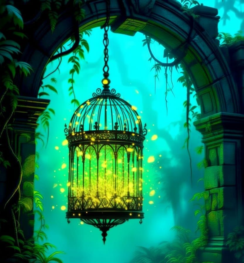 A majestic birdcage, adorned with bioluminescent markings, stands guard before an ancient, overgrown stone archway deep within a haunted jun...