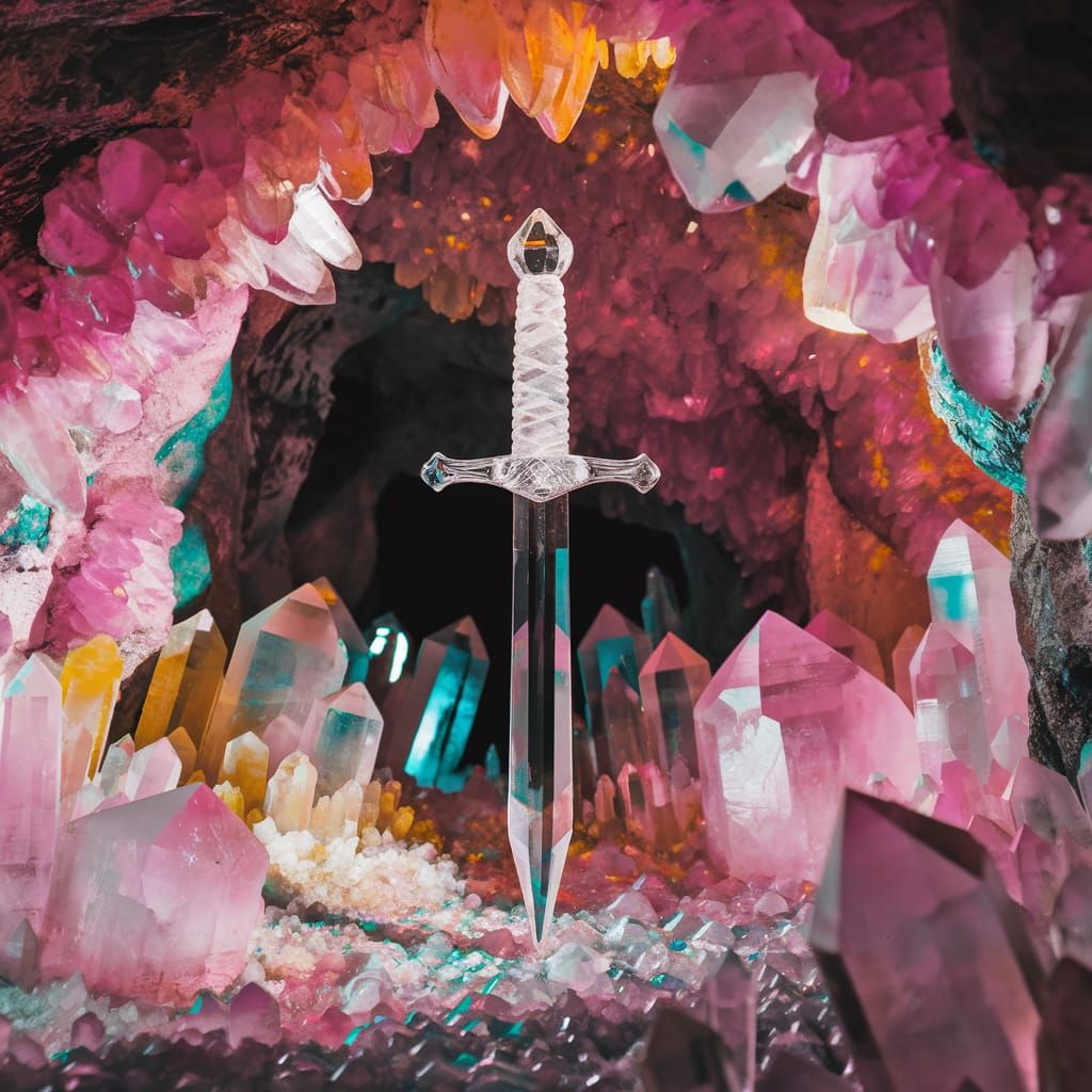 A Dagger made of Crystal in a cave of quartz, vibrant, color...