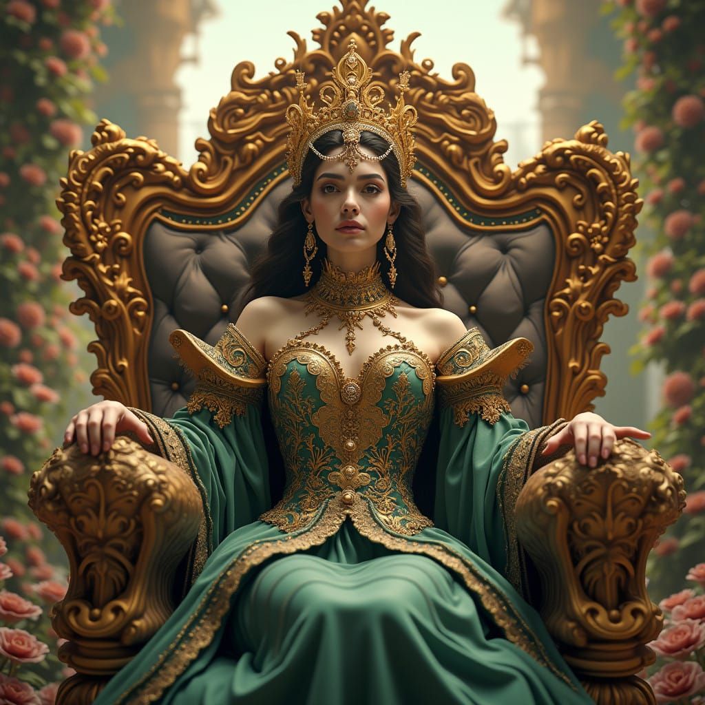 Regal Fantasy Queen in Golden Throne, Lush Foliage, and Maje...