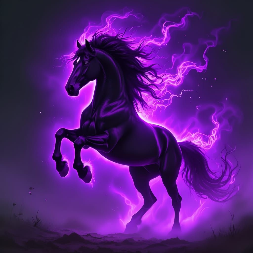 a black horse rearing up on its hind legs, enveloped in a vivid green glow that gives it a mystical, supernatural appearance. Its mane and t...