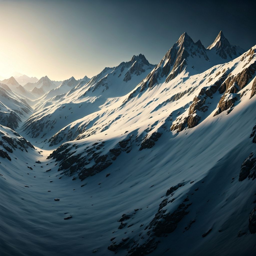 Hyper-Realistic Winter Mountain Landscape with Dramatic Sunl...