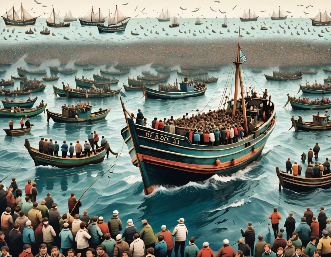 A fishing boat sailing on a sea of people, detailed, photogr...