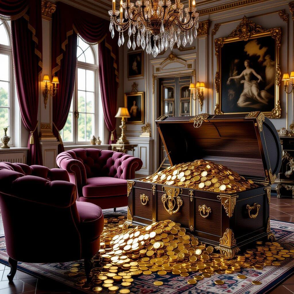 A luxurious, dimly lit living room with plush velvet armchairs and ornate baroque decor. A large, antique ...  by @Shelly