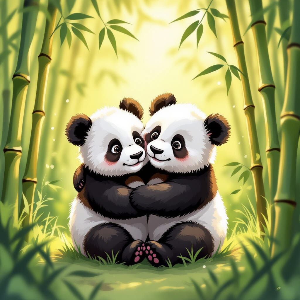 Adorable Baby Pandas Hugging in Golden Hour Forest