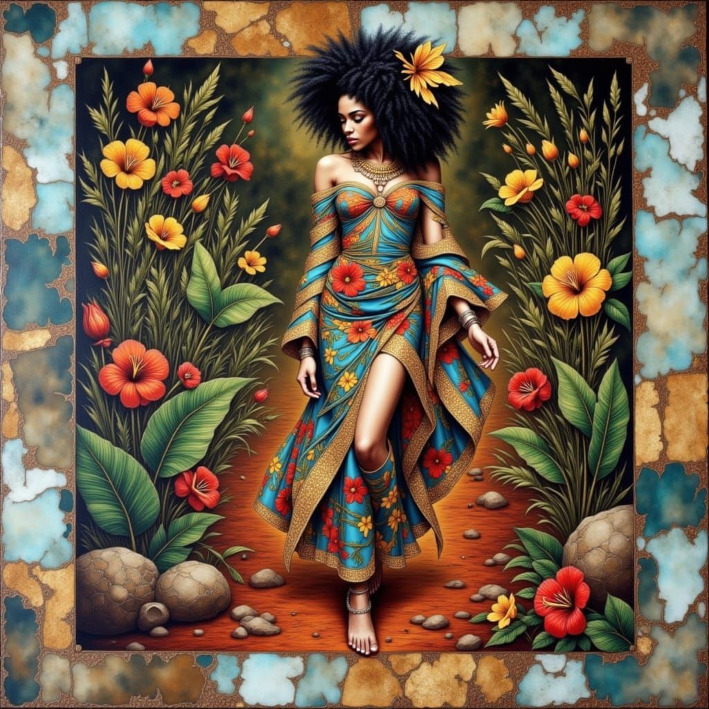 Mauritius Tropical Paradise with Woman in Gold-Trimmed Attir...