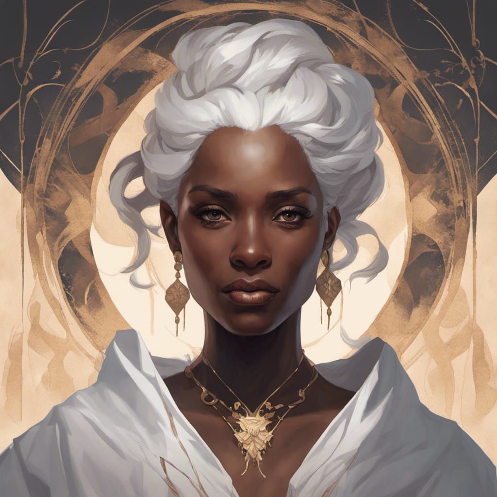 Dark skinned Noble woman with white hair, black eyes, and a white robe ...