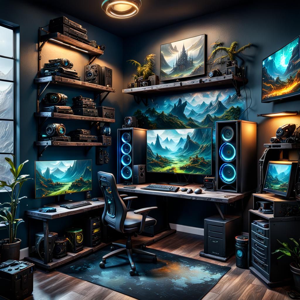 Gaming PC Setup, boys room, compentition ,oil painted airbrush  by @Denise