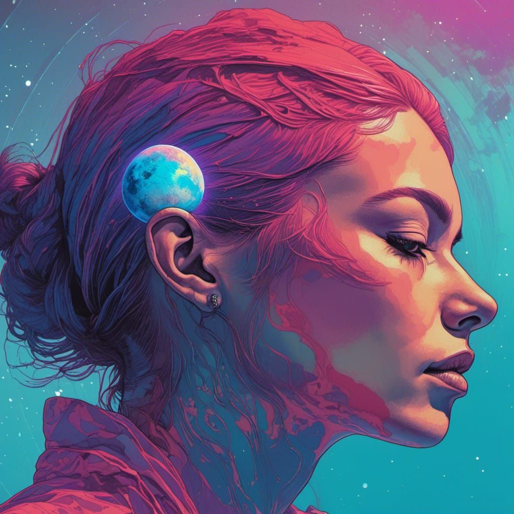 Double exposure. Side profile portrait of a beautiful woman. a colorful alien planet with huge moons reflected in the water in the valley <l...