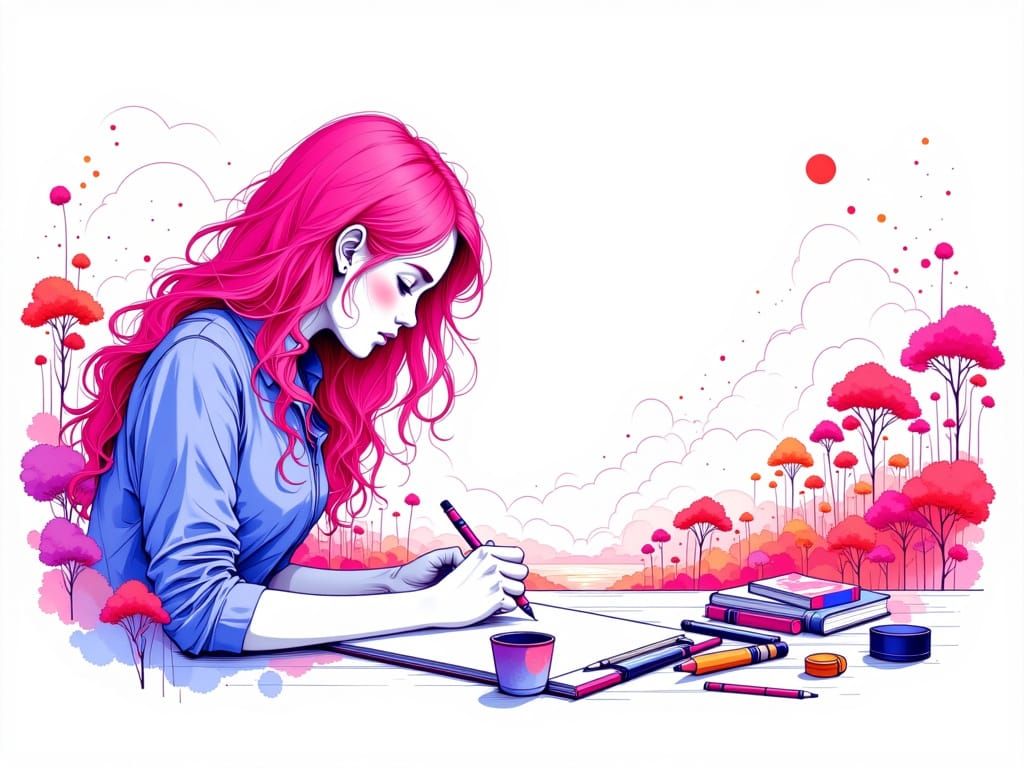 Woman Drawing Whimsical Scenery in Line Art Style