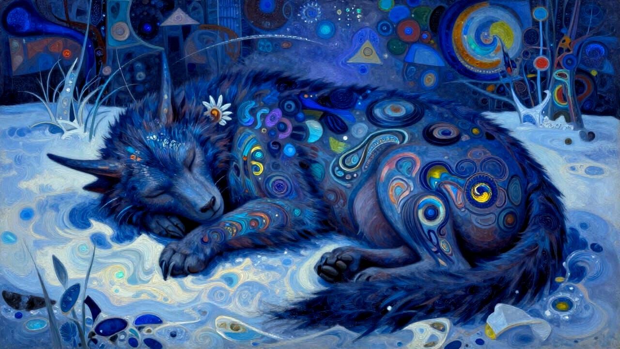 Mythical Creature Sleeps in Winter Landscape