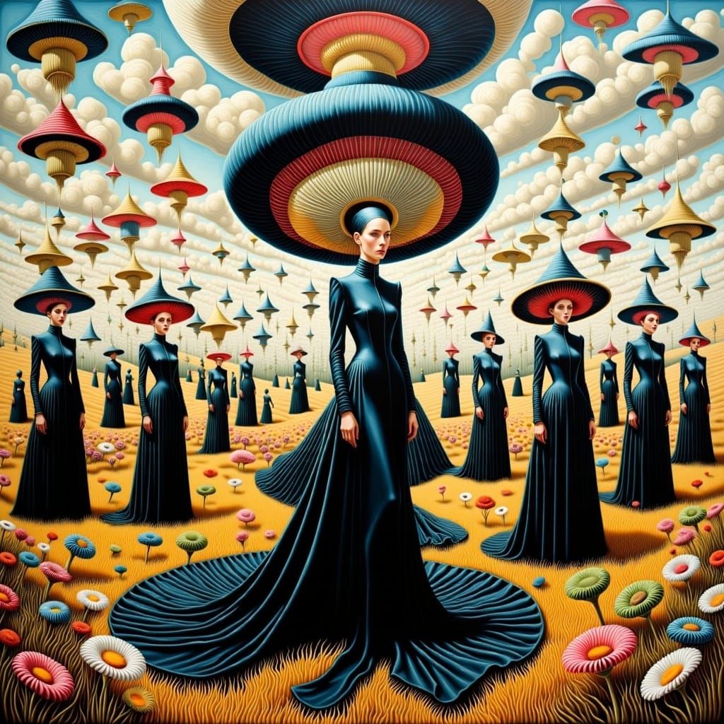 <lora:Surreal Sunday Flux:1.0> Surreal ink_splatter_art. Surreal fashion show in a surreal field, alien haute couture, Flying objects, Andre...