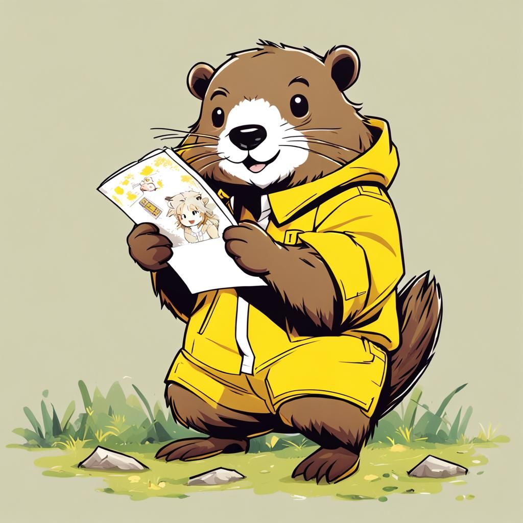 comic style beaver wearing only yellow pants holding a pictu...
